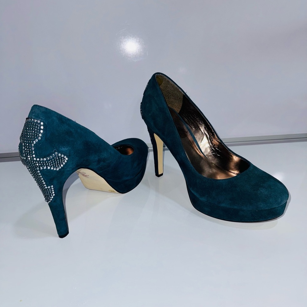 Reba Dusty Blue Faux Suede Platform Heels with Silver Rhinestone Cross - Size 9M